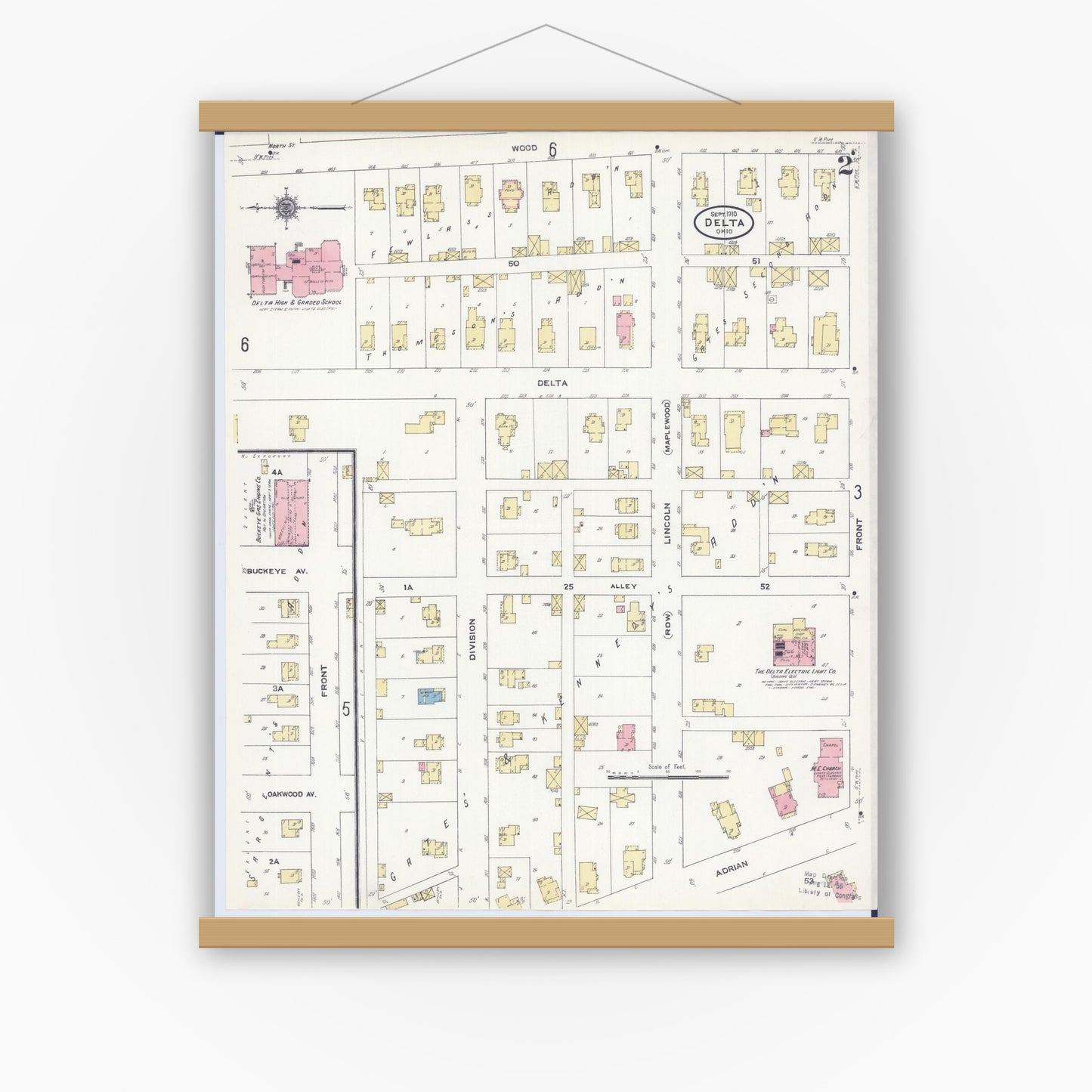 Old map wall art mockup — magnetic wood frame on white wall — Sanborn Fire Insurance Map from Delta, Fulton County, Ohio (1910), Sheet #0002