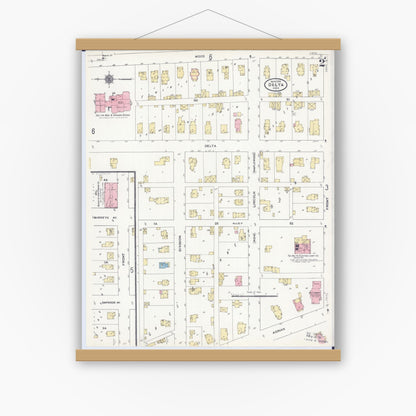 Old map wall art mockup — magnetic wood frame on white wall — Sanborn Fire Insurance Map from Delta, Fulton County, Ohio (1910), Sheet #0002