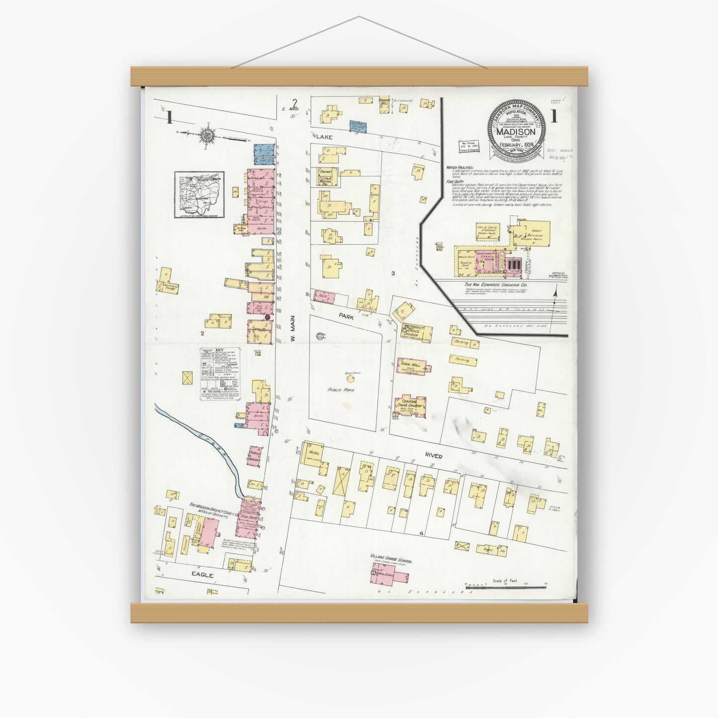 Old map wall art mockup — magnetic wood frame on white wall — Sanborn Fire Insurance Map from Madison, Lake County, Ohio (1924), Sheet #0001