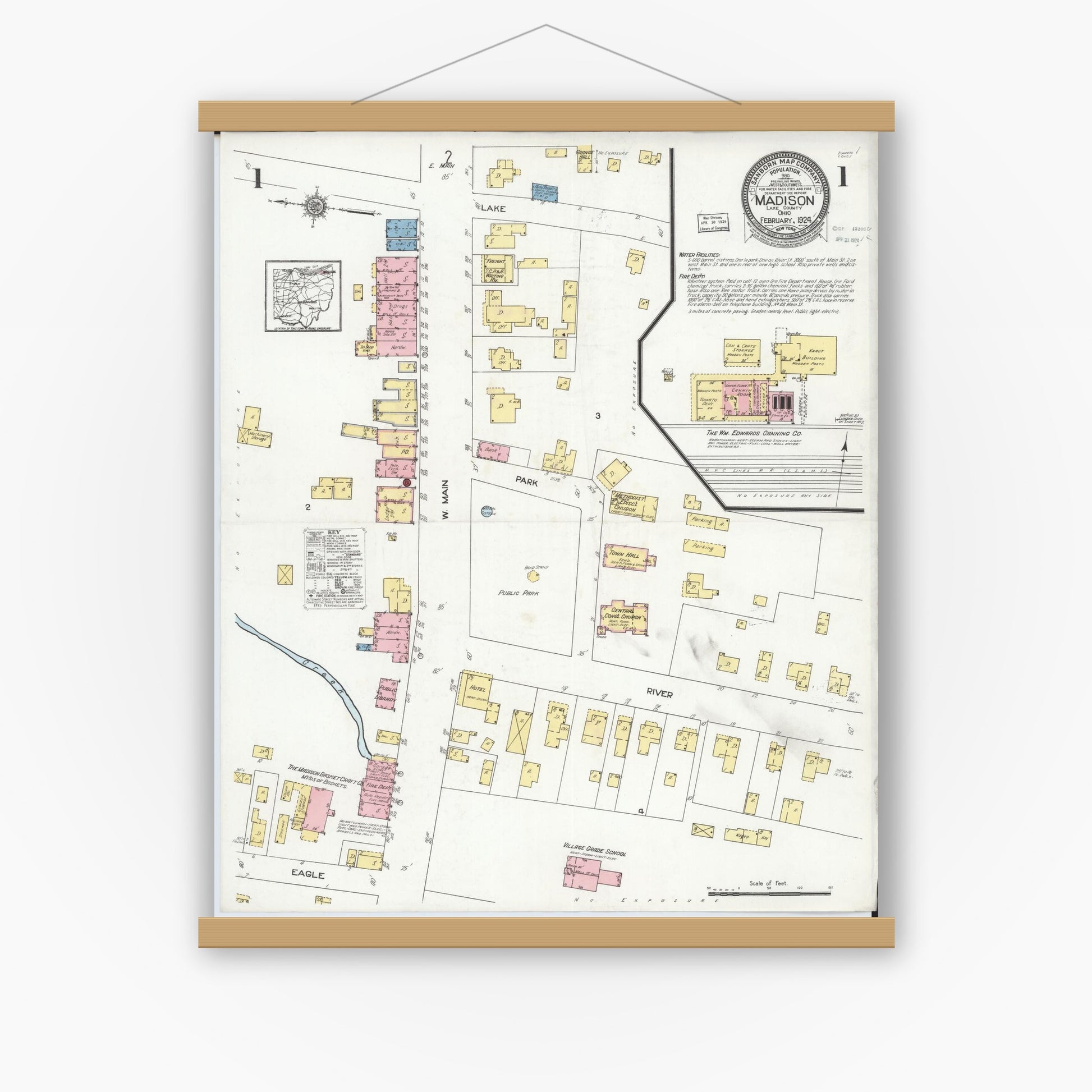 Old map wall art mockup — magnetic wood frame on white wall — Sanborn Fire Insurance Map from Madison, Lake County, Ohio (1924), Sheet #0001