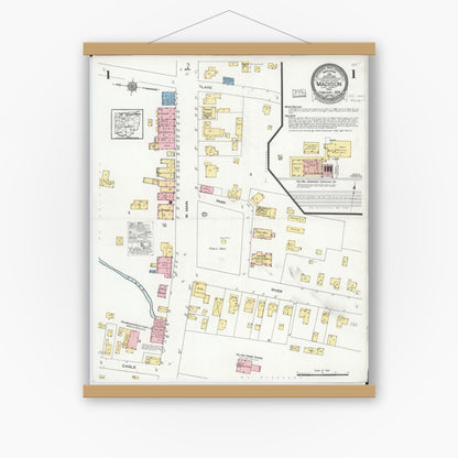 Old map wall art mockup — magnetic wood frame on white wall — Sanborn Fire Insurance Map from Madison, Lake County, Ohio (1924), Sheet #0001