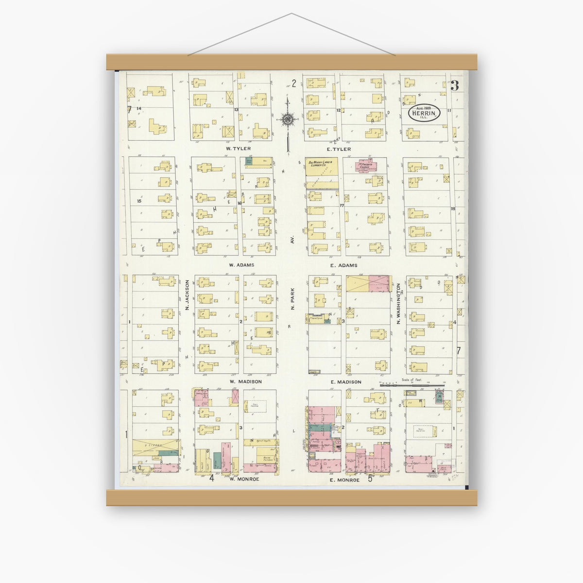 Old map wall art mockup — magnetic wood frame on white wall — Sanborn Fire Insurance Map from Herrin, Williamson County, Illinois (1909), Sheet #0003