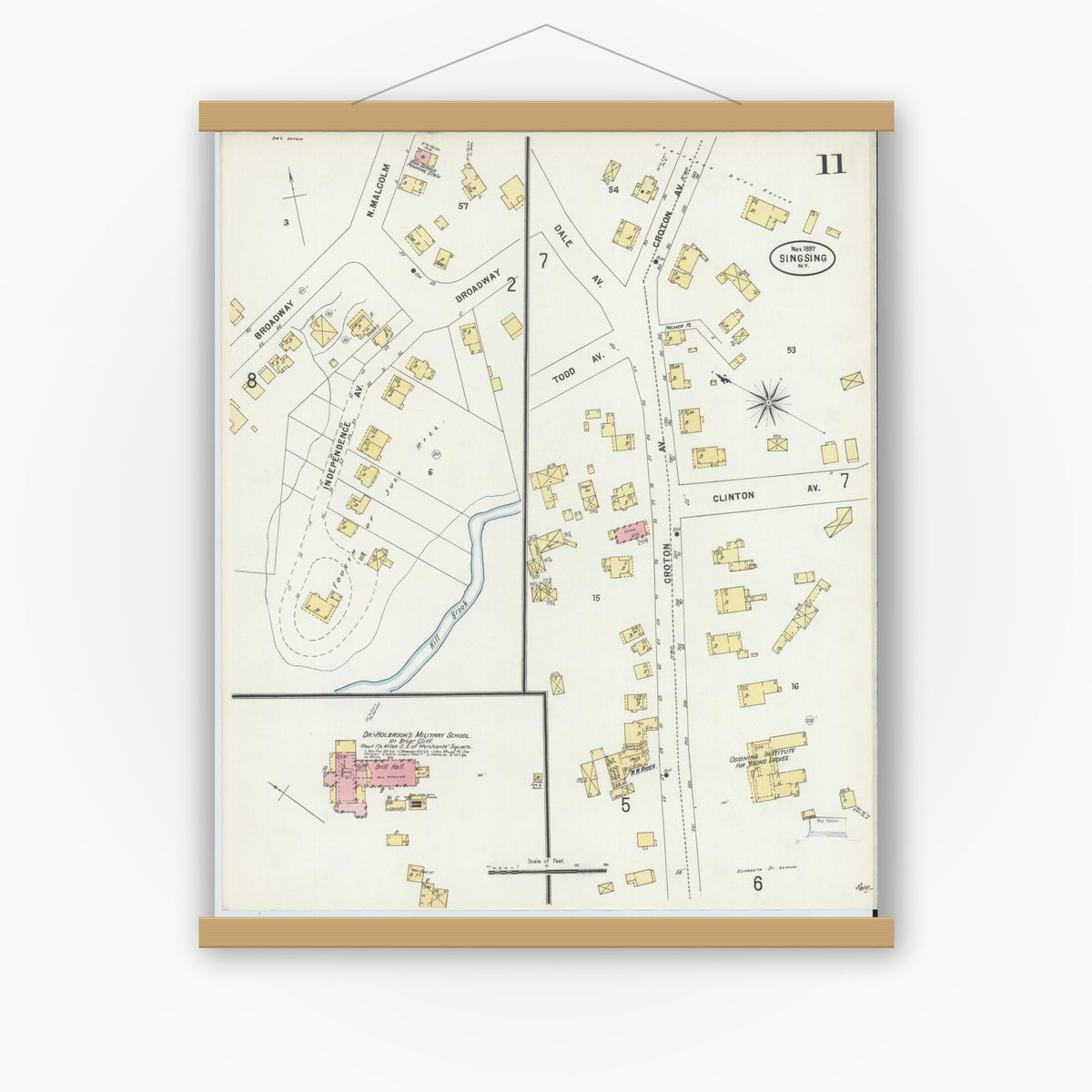 Old map wall art mockup — magnetic wood frame on white wall — Sanborn Fire Insurance Map from Sing Sing, Westchester County, New York (1897), Sheet #0011