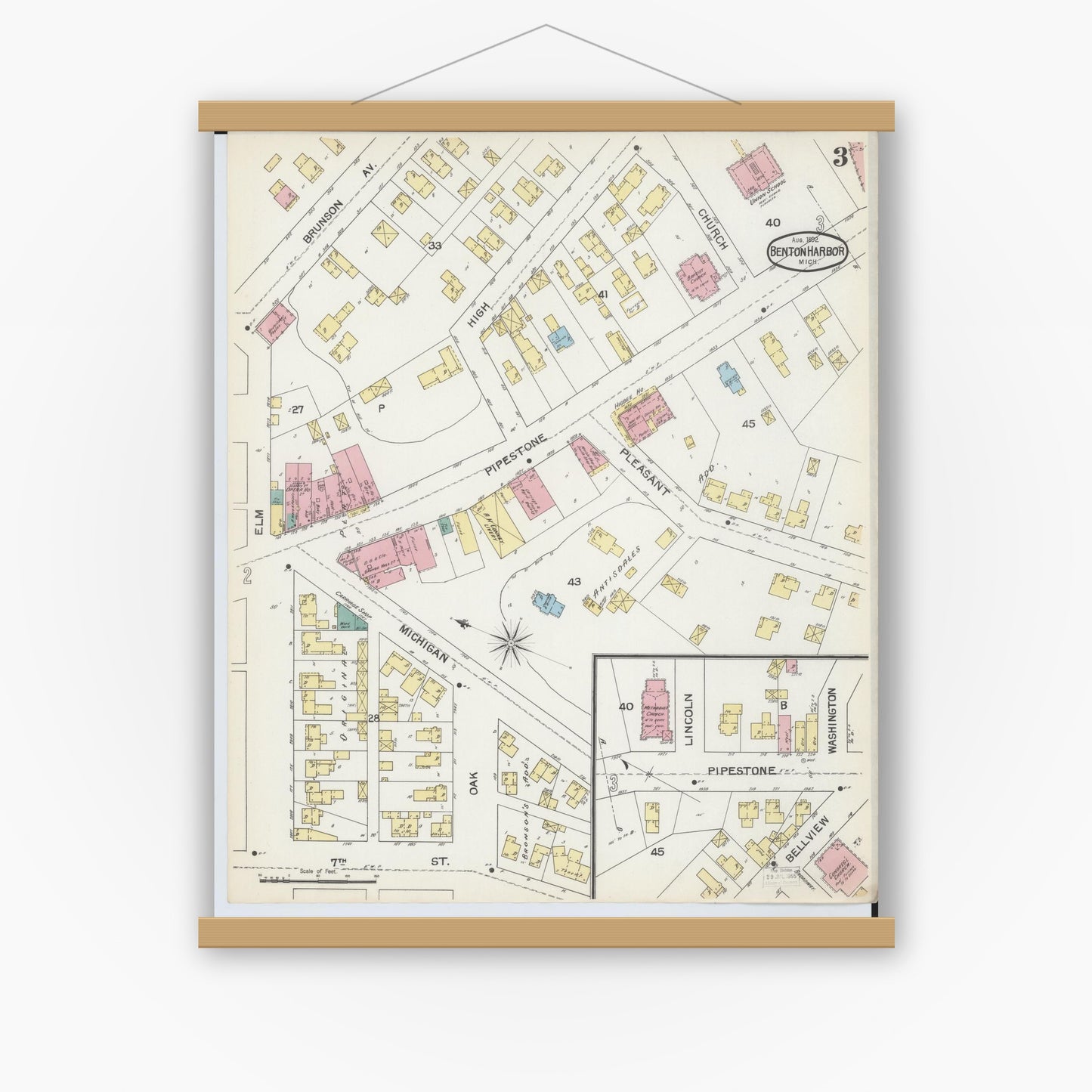 Old map wall art mockup — magnetic wood frame on white wall — Sanborn Fire Insurance Map from Benton Harbor, Berrien County, Michigan (1892), Sheet #0003