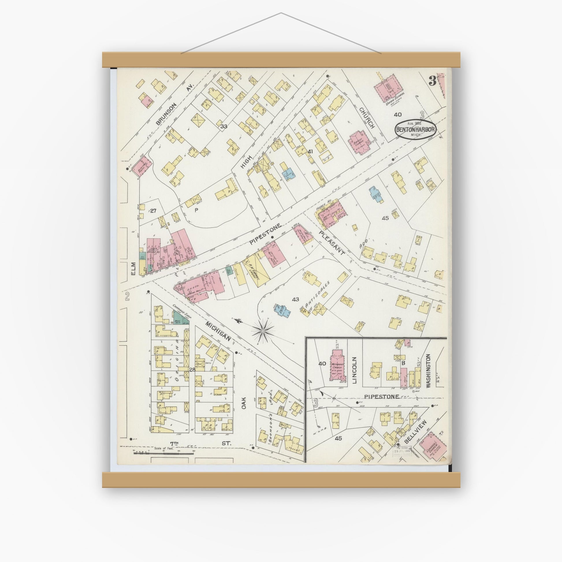 Old map wall art mockup — magnetic wood frame on white wall — Sanborn Fire Insurance Map from Benton Harbor, Berrien County, Michigan (1892), Sheet #0003