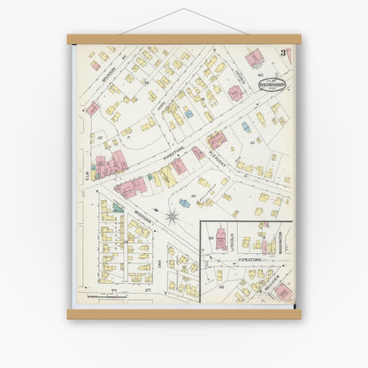 Old map wall art mockup — magnetic wood frame on white wall — Sanborn Fire Insurance Map from Benton Harbor, Berrien County, Michigan (1892), Sheet #0003