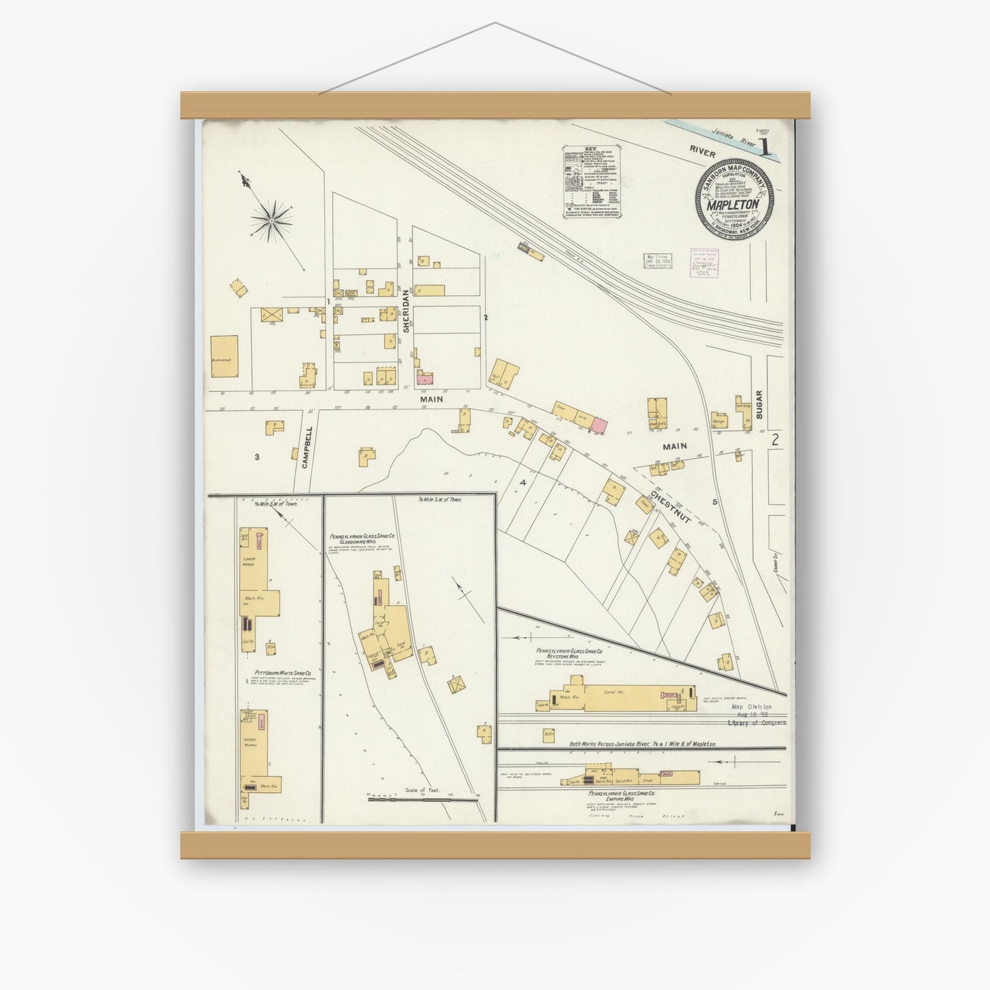 Old map wall art mockup — magnetic wood frame on white wall — Sanborn Fire Insurance Map from Mapleton, Huntingdon County, Pennsylvania (1904) - Complete Map Set