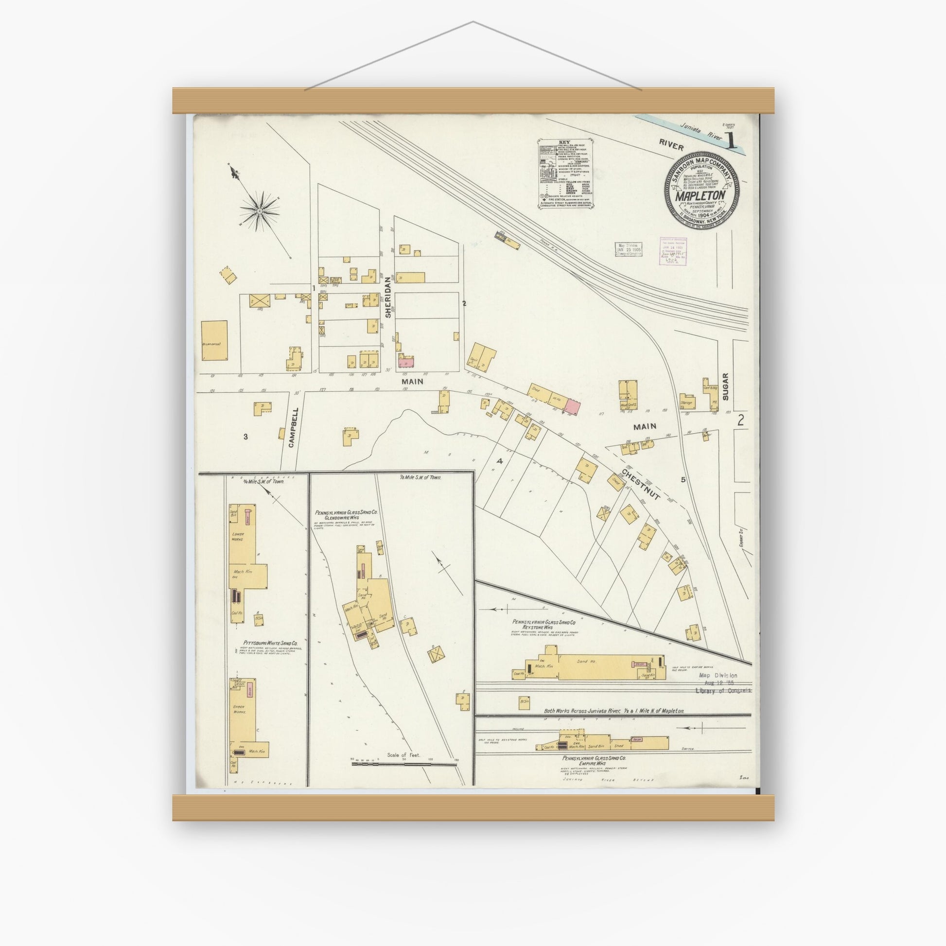 Old map wall art mockup — magnetic wood frame on white wall — Sanborn Fire Insurance Map from Mapleton, Huntingdon County, Pennsylvania (1904) - Complete Map Set