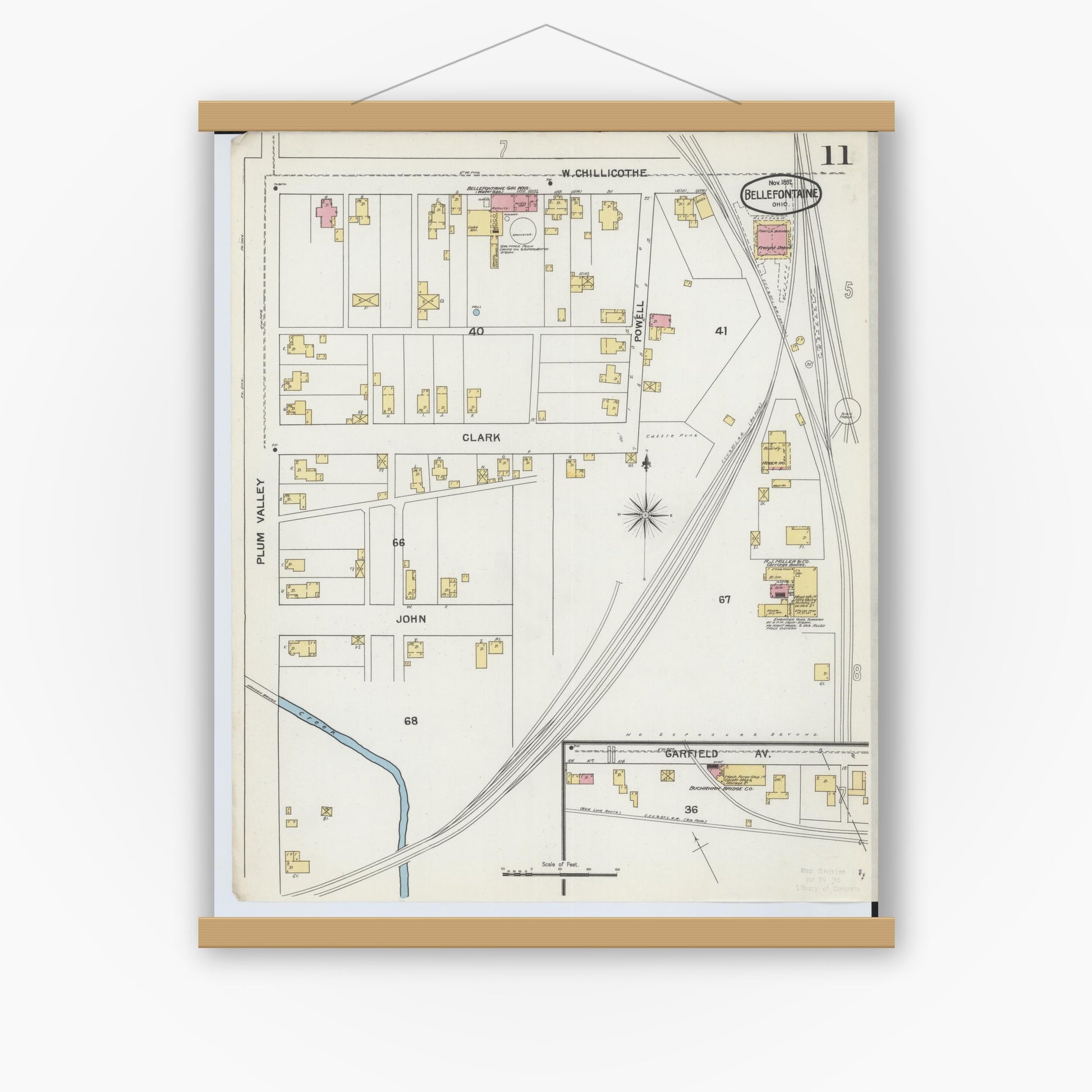 Old map wall art mockup — magnetic wood frame on white wall — Sanborn Fire Insurance Map from Bellefontaine, Logan County, Ohio (1892), Sheet #0011