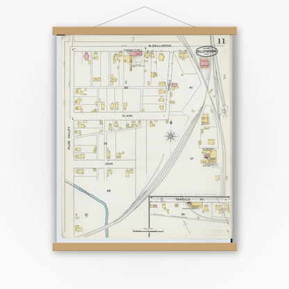 Old map wall art mockup — magnetic wood frame on white wall — Sanborn Fire Insurance Map from Bellefontaine, Logan County, Ohio (1892), Sheet #0011