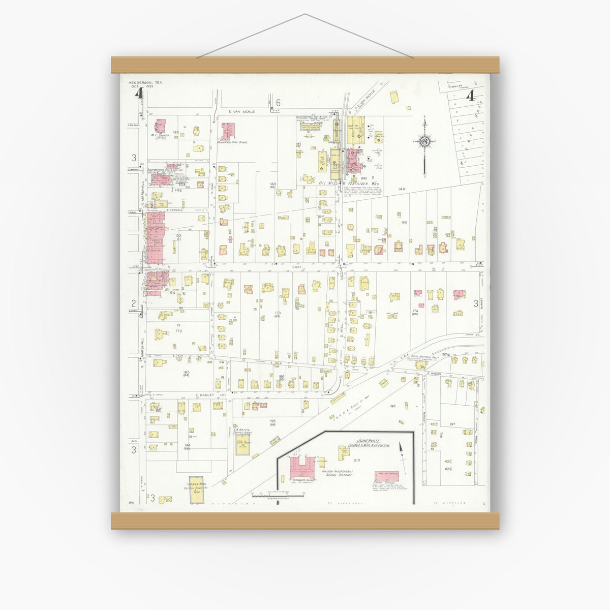 Old map wall art mockup — magnetic wood frame on white wall — Sanborn Fire Insurance Map from Henderson, Rusk County, Texas (1933), Sheet #0004