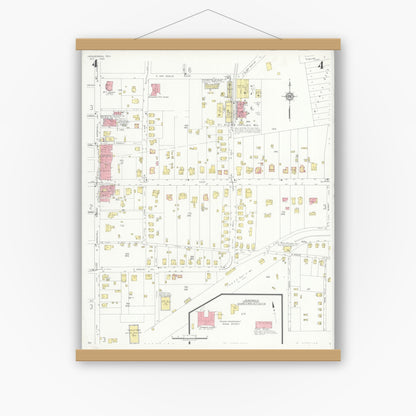 Old map wall art mockup — magnetic wood frame on white wall — Sanborn Fire Insurance Map from Henderson, Rusk County, Texas (1933), Sheet #0004