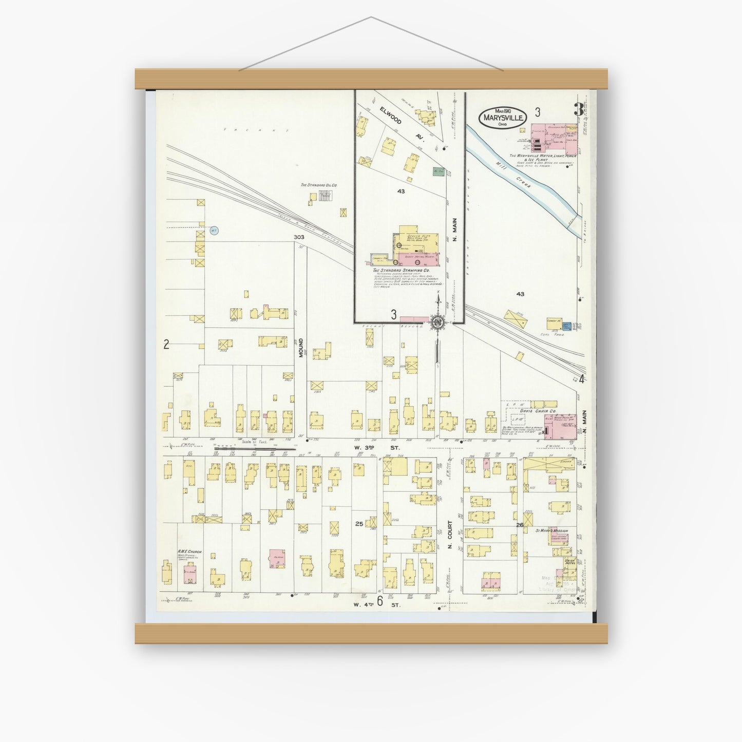 Old map wall art mockup — magnetic wood frame on white wall — Sanborn Fire Insurance Map from Marysville, Union County, Ohio (1910), Sheet #0003