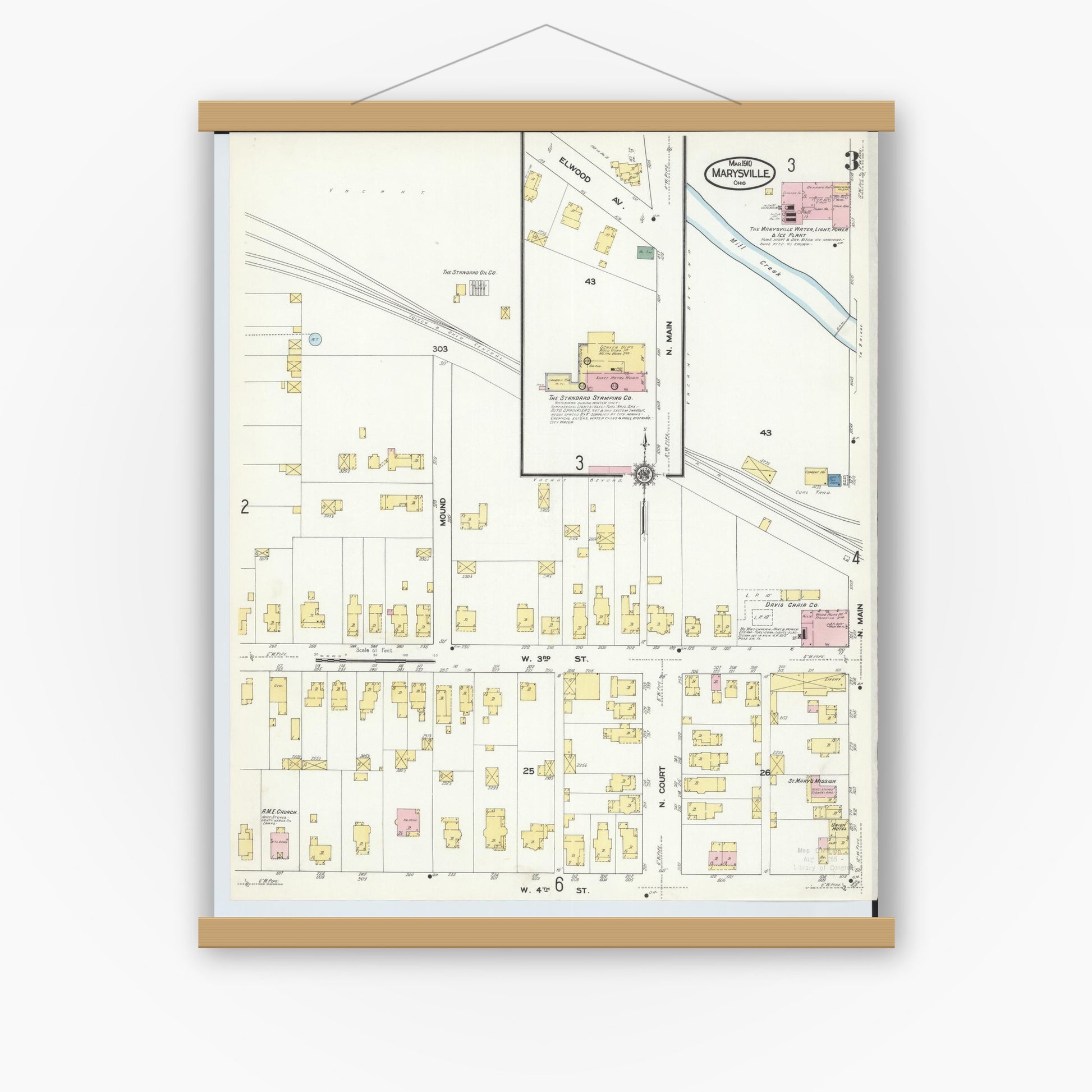 Old map wall art mockup — magnetic wood frame on white wall — Sanborn Fire Insurance Map from Marysville, Union County, Ohio (1910), Sheet #0003