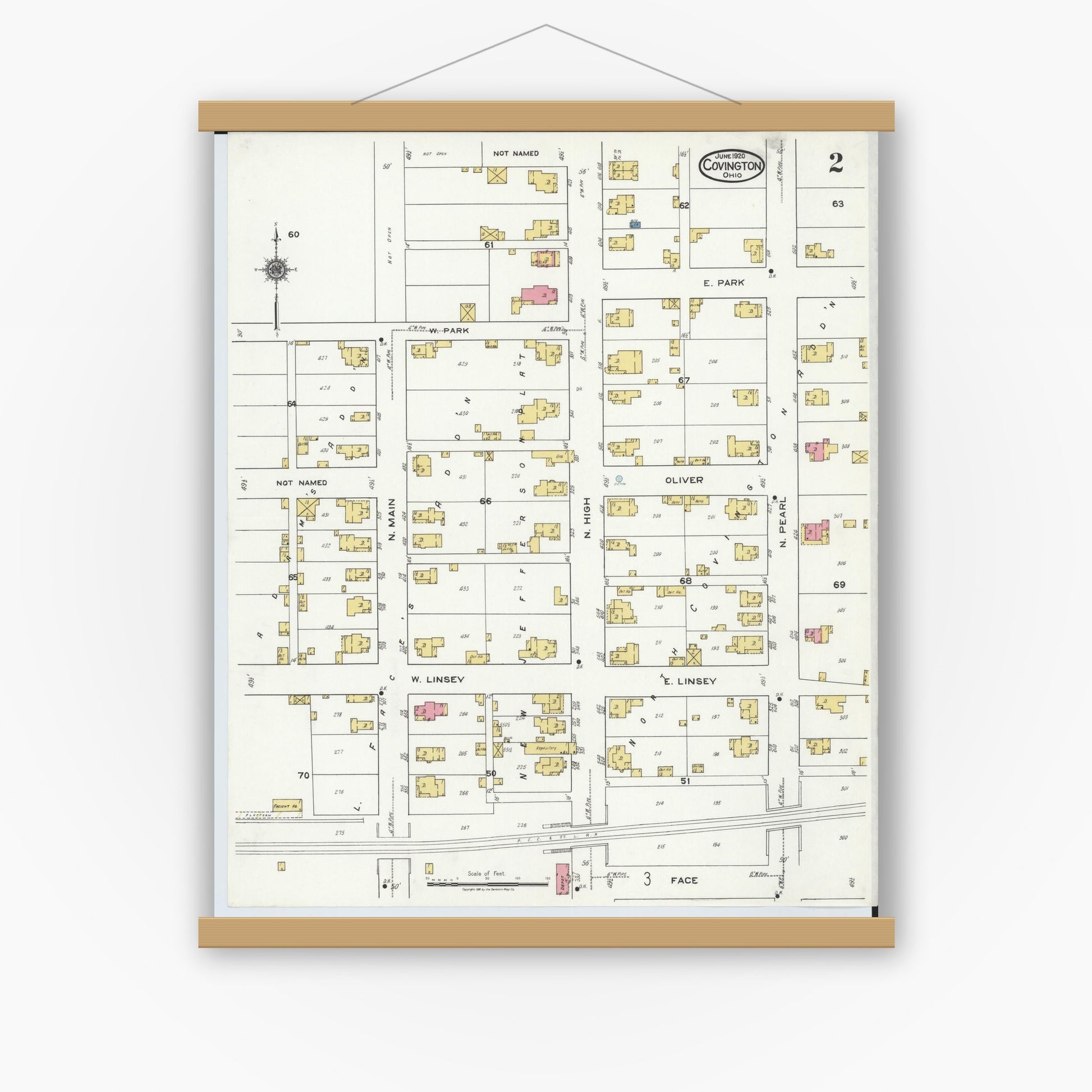 Old map wall art mockup — magnetic wood frame on white wall — Sanborn Fire Insurance Map from Covington, Miami County, Ohio (1920), Sheet #0002