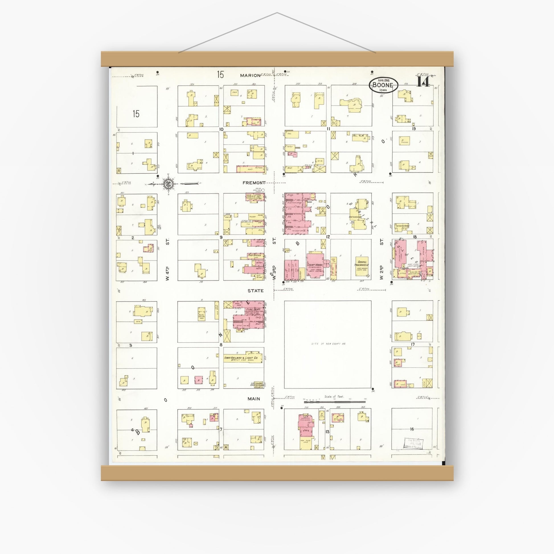 Old map wall art mockup — magnetic wood frame on white wall — Sanborn Fire Insurance Map from Boone, Boone County, Iowa (1916), Sheet #0014