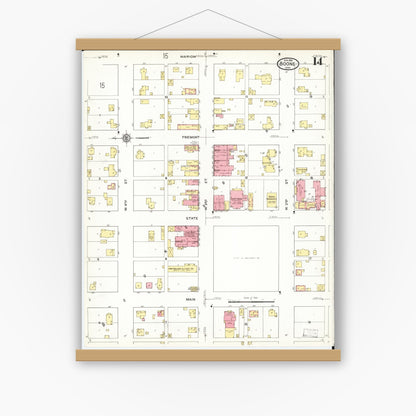 Old map wall art mockup — magnetic wood frame on white wall — Sanborn Fire Insurance Map from Boone, Boone County, Iowa (1916), Sheet #0014