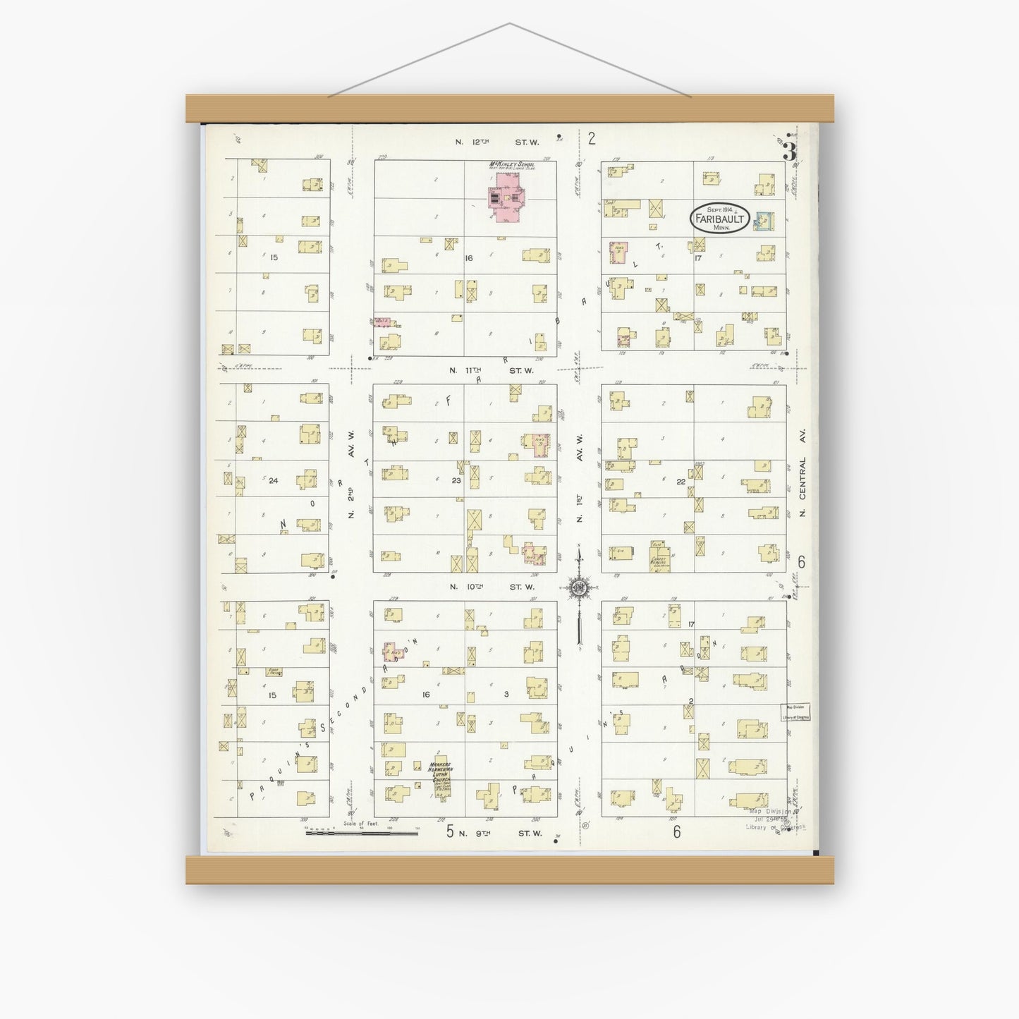 Old map wall art mockup — magnetic wood frame on white wall — Sanborn Fire Insurance Map from Faribault, Rice County, Minnesota (1914), Sheet #0003