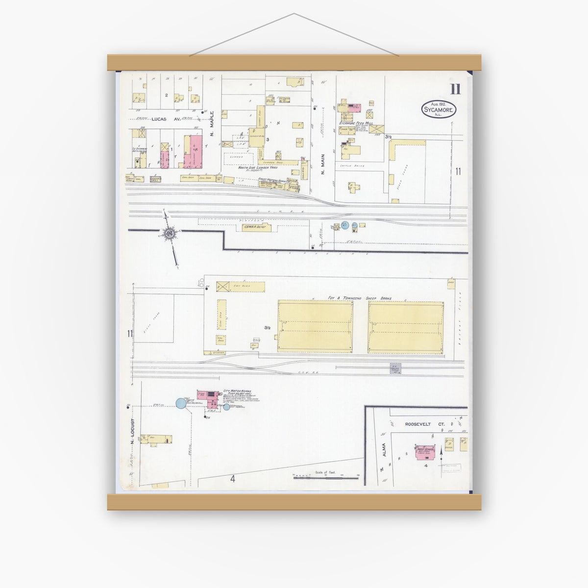 Old map wall art mockup — magnetic wood frame on white wall — Sanborn Fire Insurance Map from Sycamore, De Kalb County, Illinois (1912), Sheet #0011