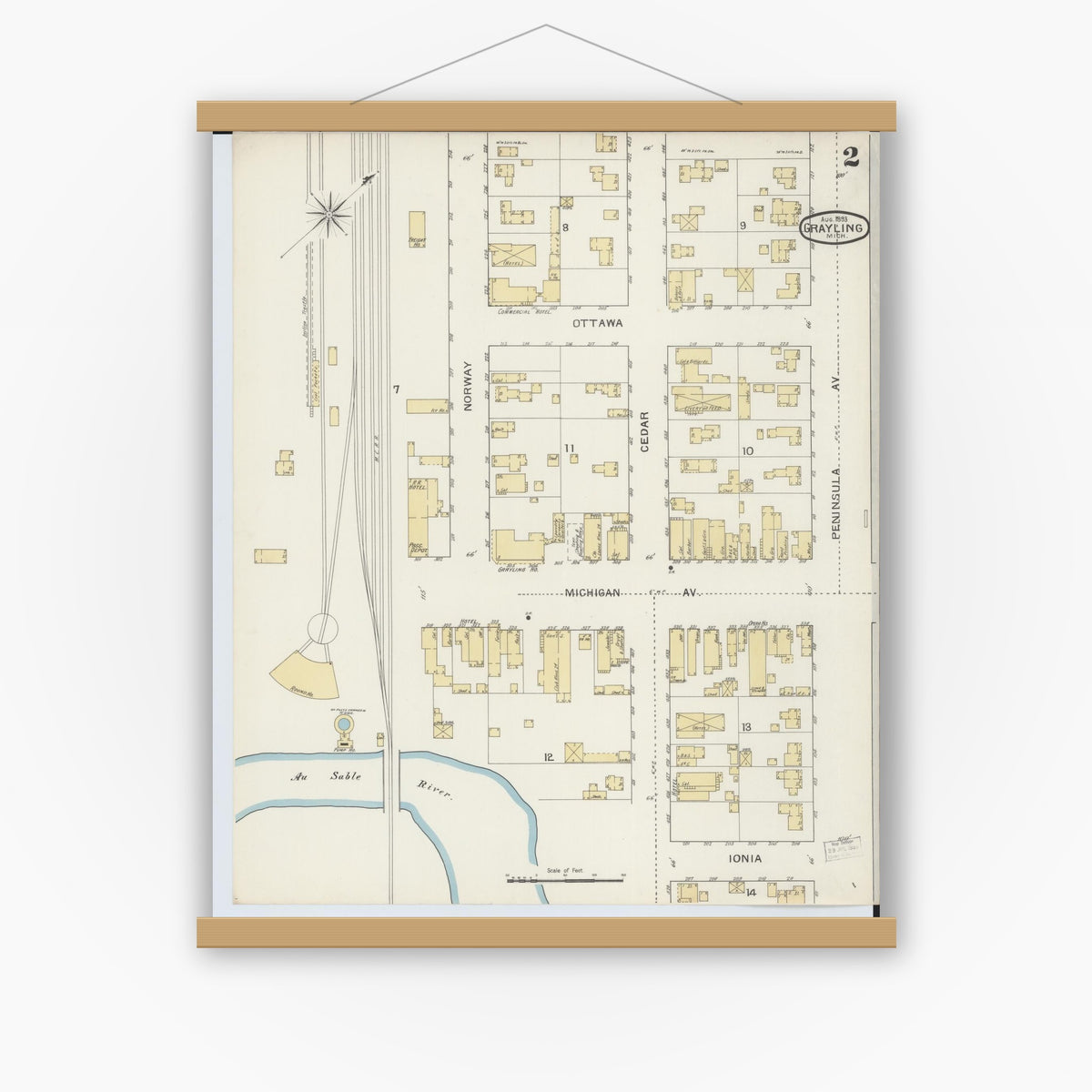 Old map wall art mockup — magnetic wood frame on white wall — Sanborn Fire Insurance Map from Grayling, Crawford County, Michigan (1893), Sheet #0002