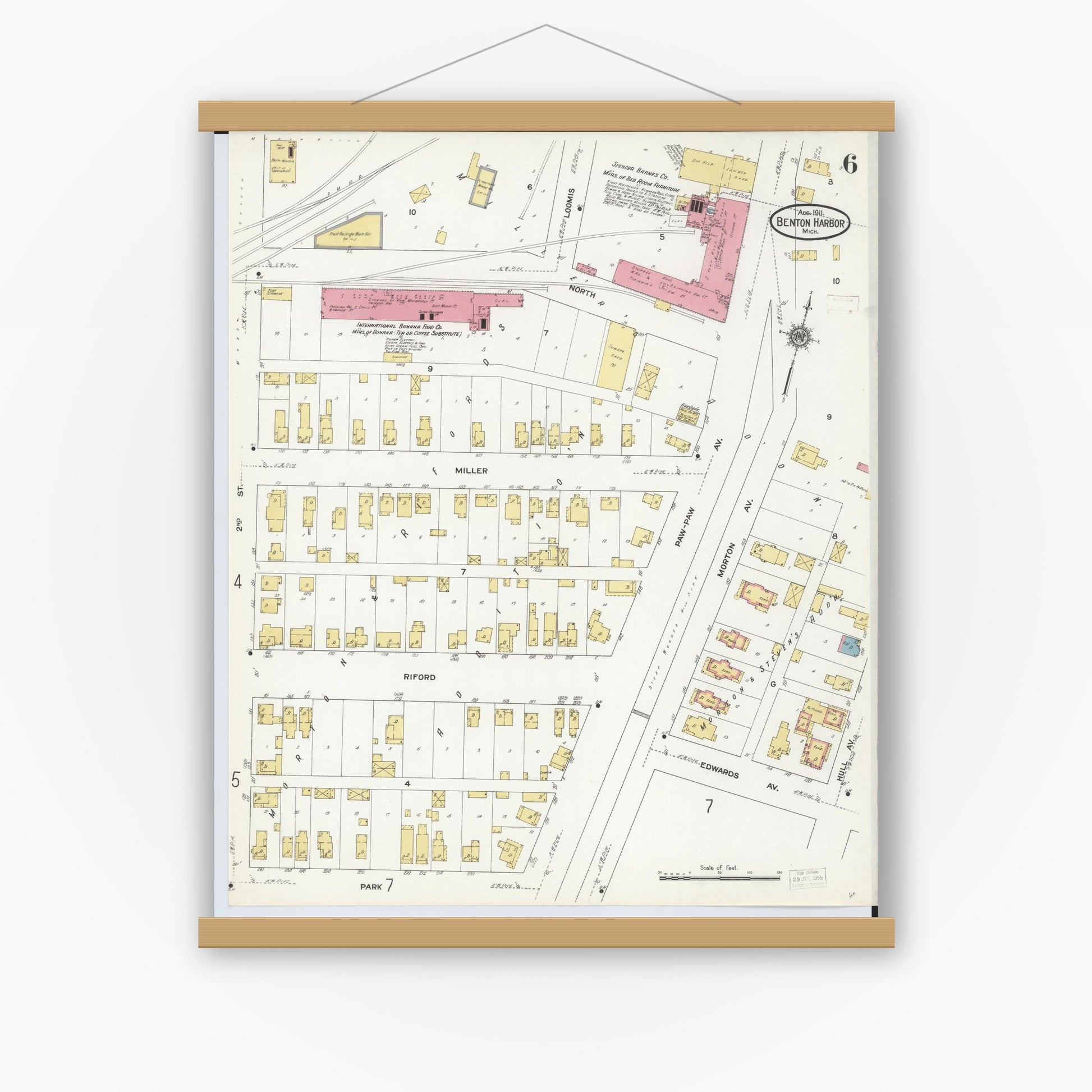 Old map wall art mockup — magnetic wood frame on white wall — Sanborn Fire Insurance Map from Benton Harbor, Berrien County, Michigan (1911), Sheet #0006