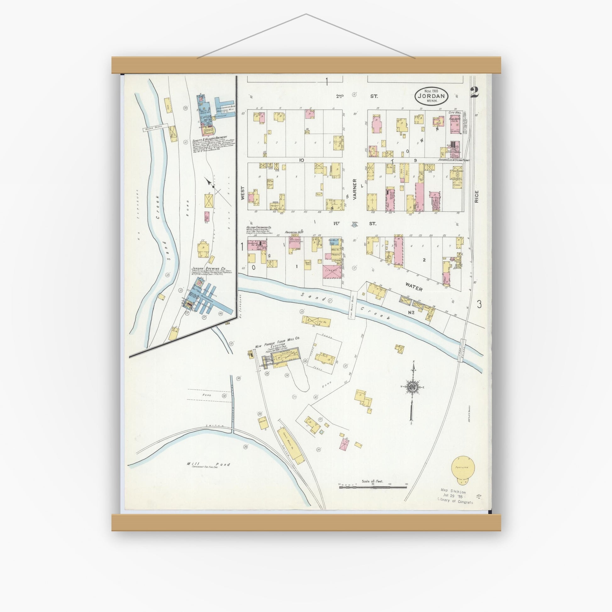 Old map wall art mockup — magnetic wood frame on white wall — Sanborn Fire Insurance Map from Jordan, Scott County, Minnesota (1910), Sheet #0002