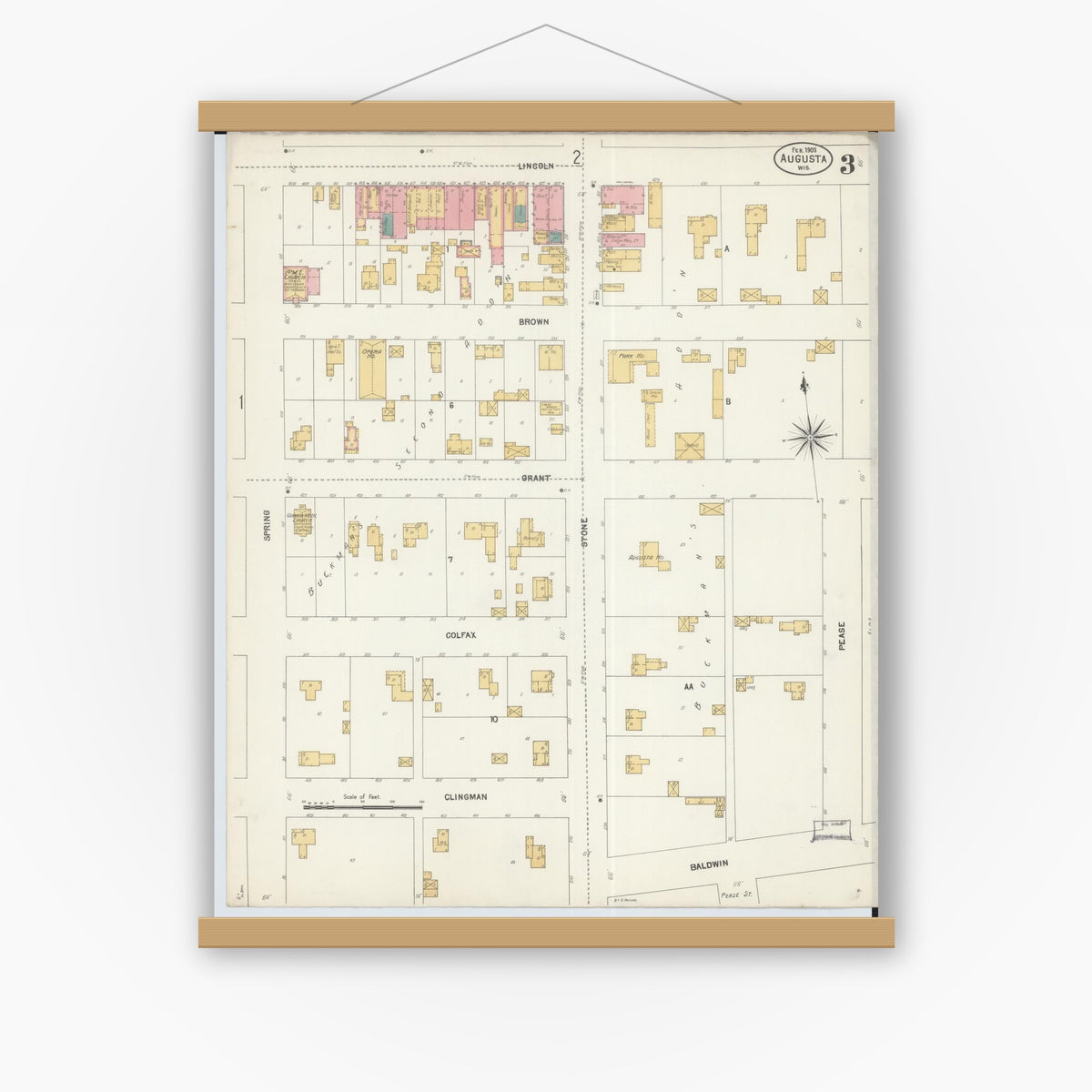 Old map wall art mockup — magnetic wood frame on white wall — Sanborn Fire Insurance Map from Augusta, Eau Claire County, Wisconsin (1903), Sheet #0003