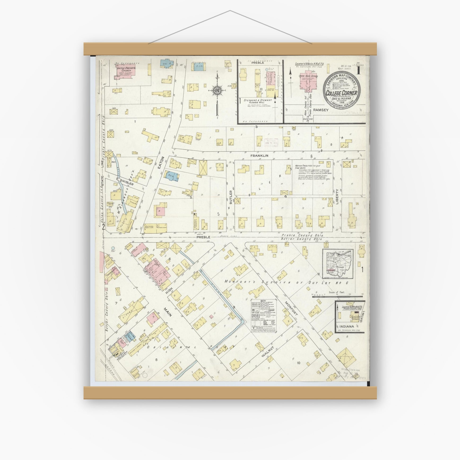 Old map wall art mockup — magnetic wood frame on white wall — Sanborn Fire Insurance Map from College Corner, Preble And Butler, Ohio (1914) - Complete Map Set