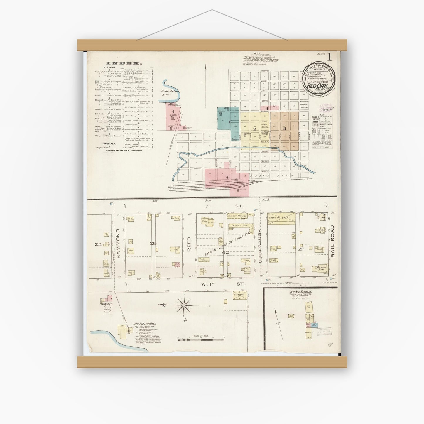 Old map wall art mockup — magnetic wood frame on white wall — Sanborn Fire Insurance Map from Red Oak, Montgomery County, Iowa (1886) â€” Complete Set