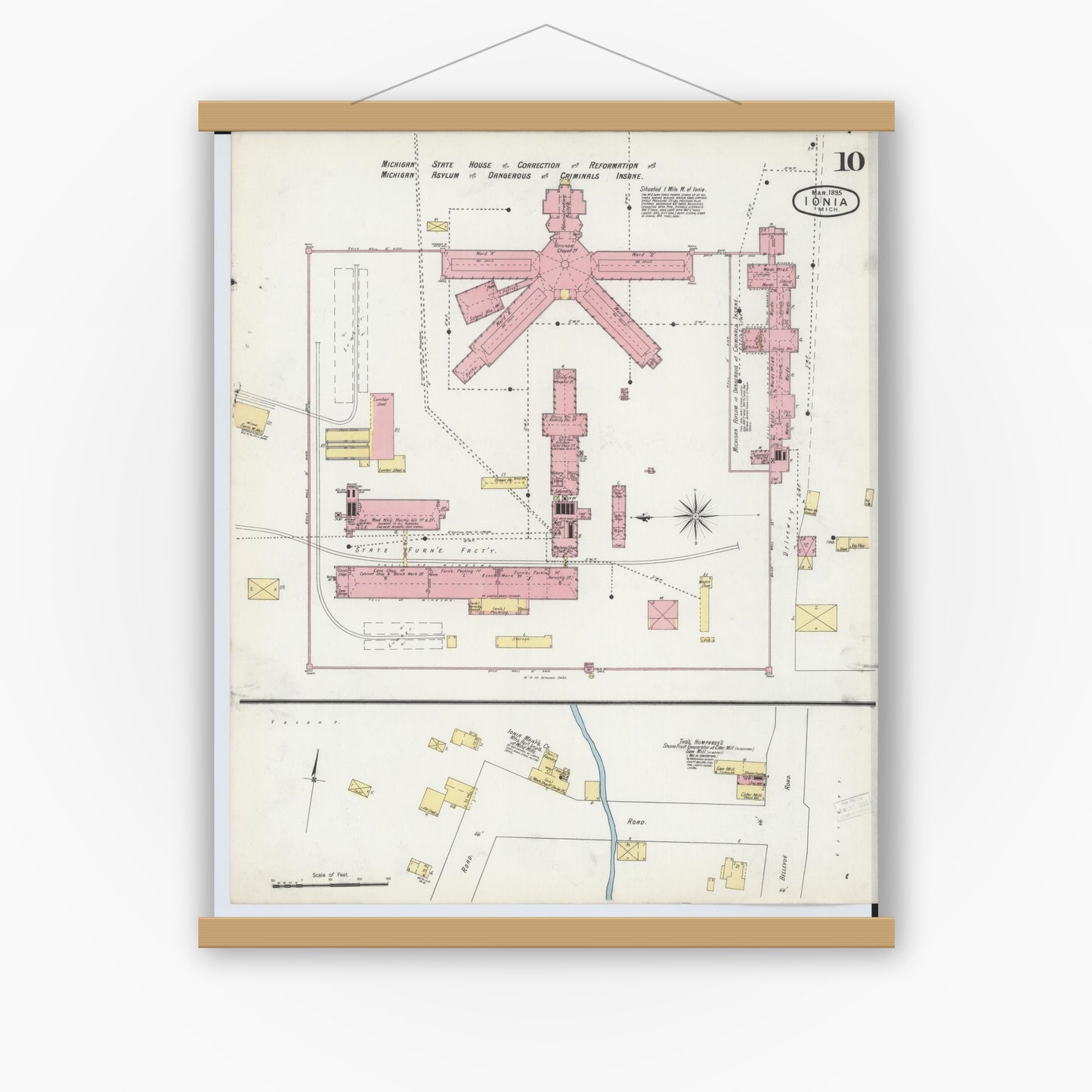 Old map wall art mockup — magnetic wood frame on white wall — Sanborn Fire Insurance Map from Ionia, Ionia County, Michigan (1895), Sheet #0010