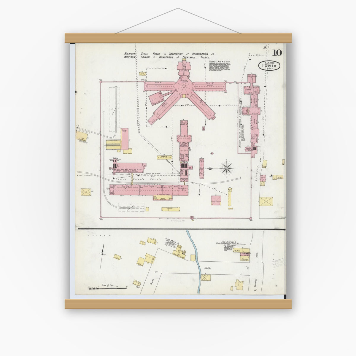 Old map wall art mockup — magnetic wood frame on white wall — Sanborn Fire Insurance Map from Ionia, Ionia County, Michigan (1895), Sheet #0010