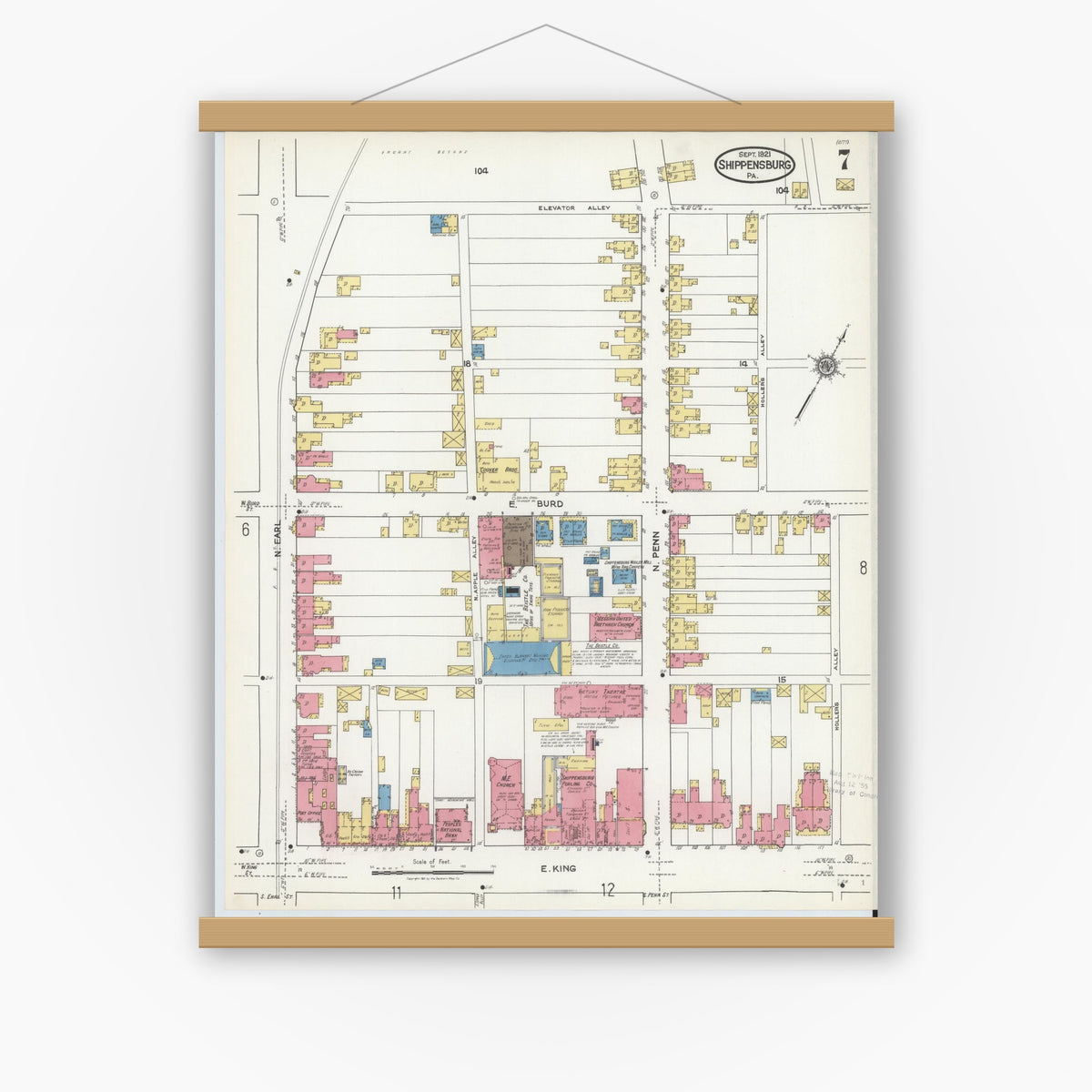 Old map wall art mockup — magnetic wood frame on white wall — Sanborn Fire Insurance Map from Shippensburg, Cumberland And Franklin Counties, Pennsylvania (1921), Sheet #0007