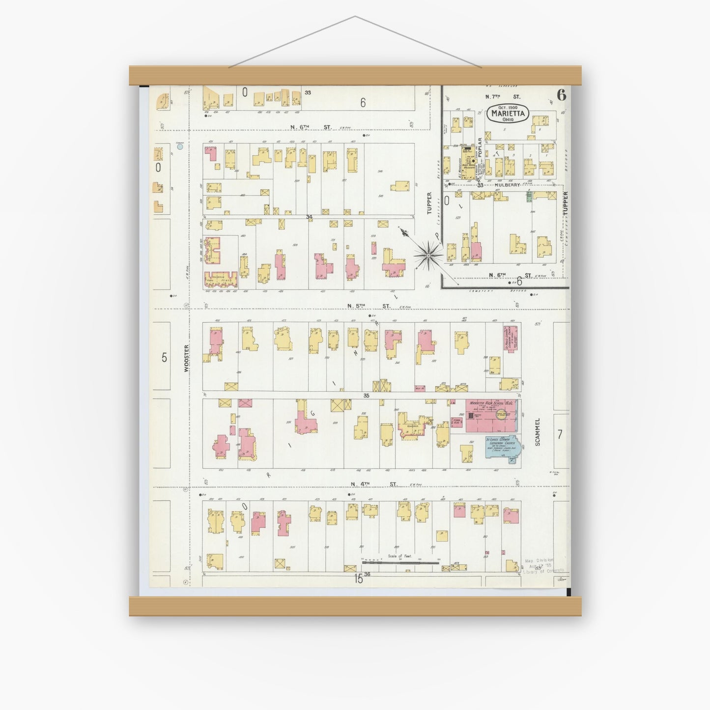Old map wall art mockup — magnetic wood frame on white wall — Sanborn Fire Insurance Map from Marietta, Washington County, Ohio (1900), Sheet #0006
