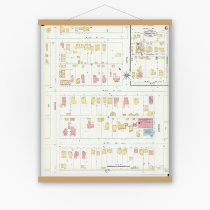 Old map wall art mockup — magnetic wood frame on white wall — Sanborn Fire Insurance Map from Marietta, Washington County, Ohio (1900), Sheet #0006