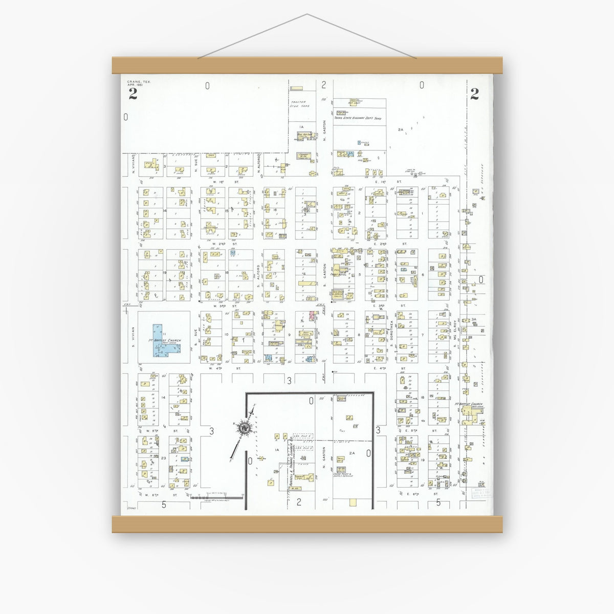 Old map wall art mockup — magnetic wood frame on white wall — Sanborn Fire Insurance Map from Crane, Crane County, Texas (1951), Sheet #0002