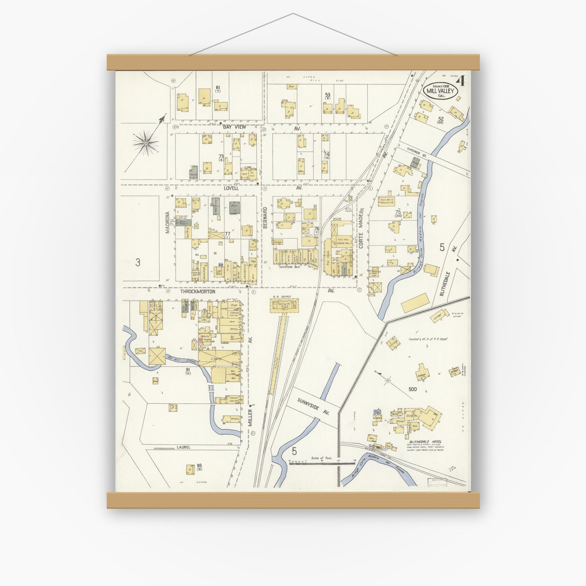 Old map wall art mockup — magnetic wood frame on white wall — Sanborn Fire Insurance Map from Mill Valley, Marin County, California (1908), Sheet #0004