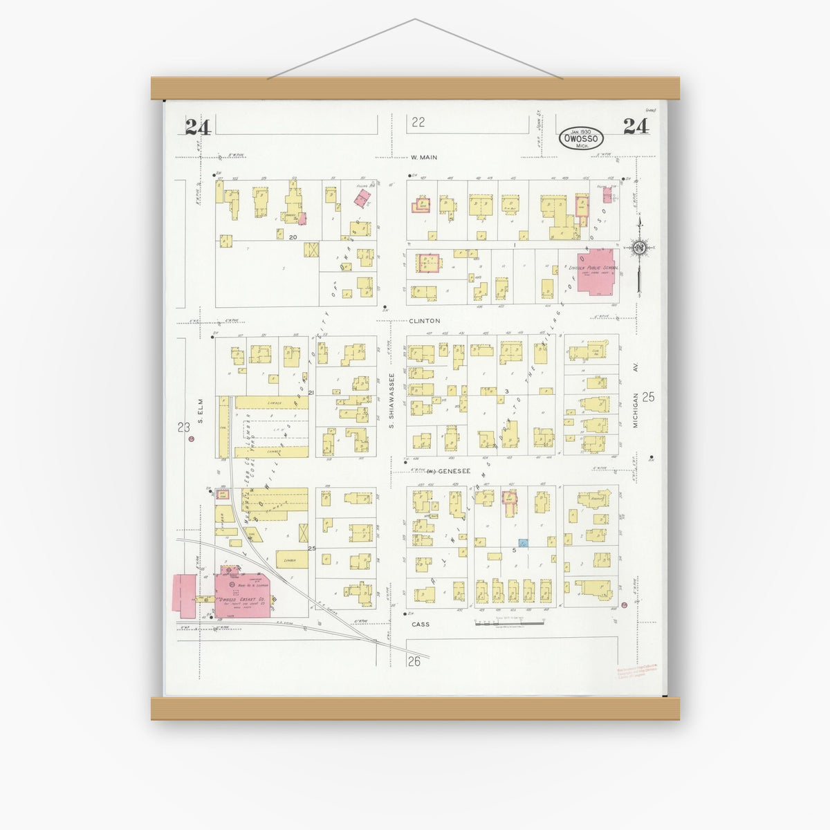 Old map wall art mockup — magnetic wood frame on white wall — Sanborn Fire Insurance Map from Owosso, Shiawassee County, Michigan (1930), Sheet #0024