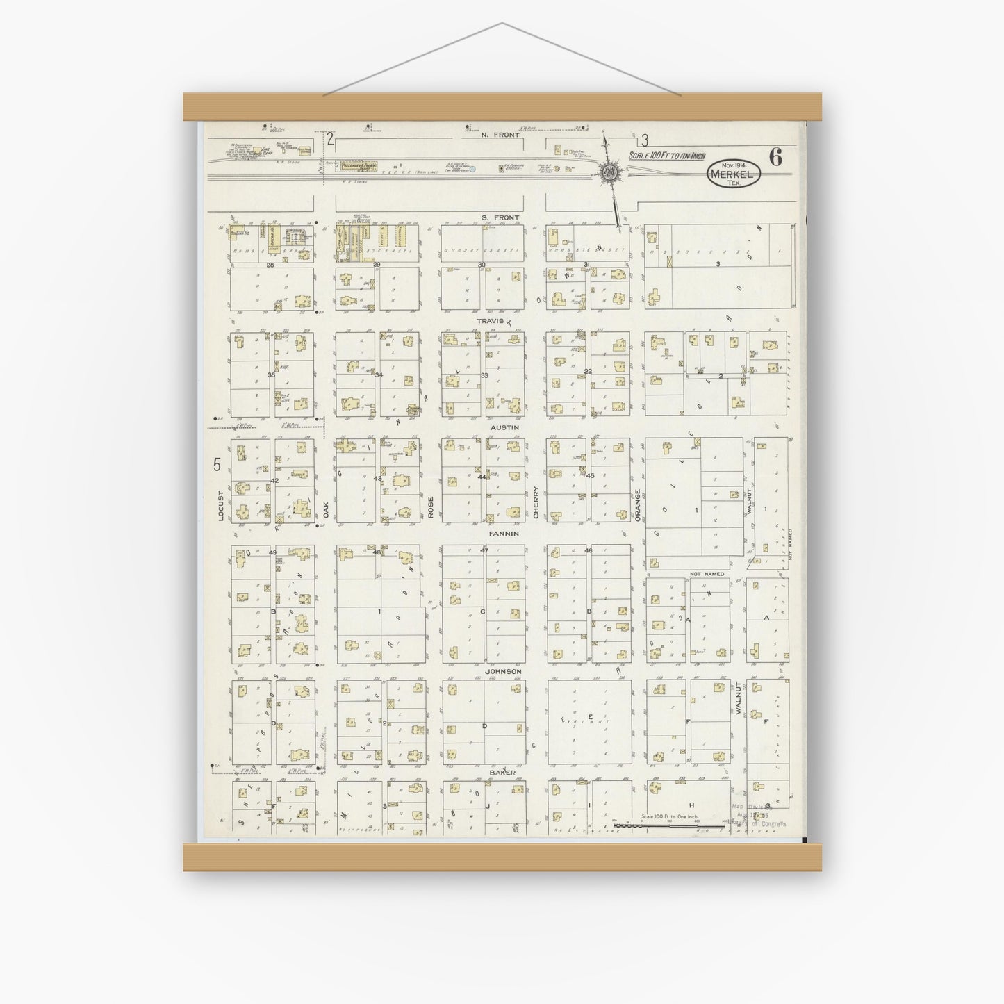 Old map wall art mockup — magnetic wood frame on white wall — Sanborn Fire Insurance Map from Merkel, Taylor County, Texas (1914), Sheet #0006