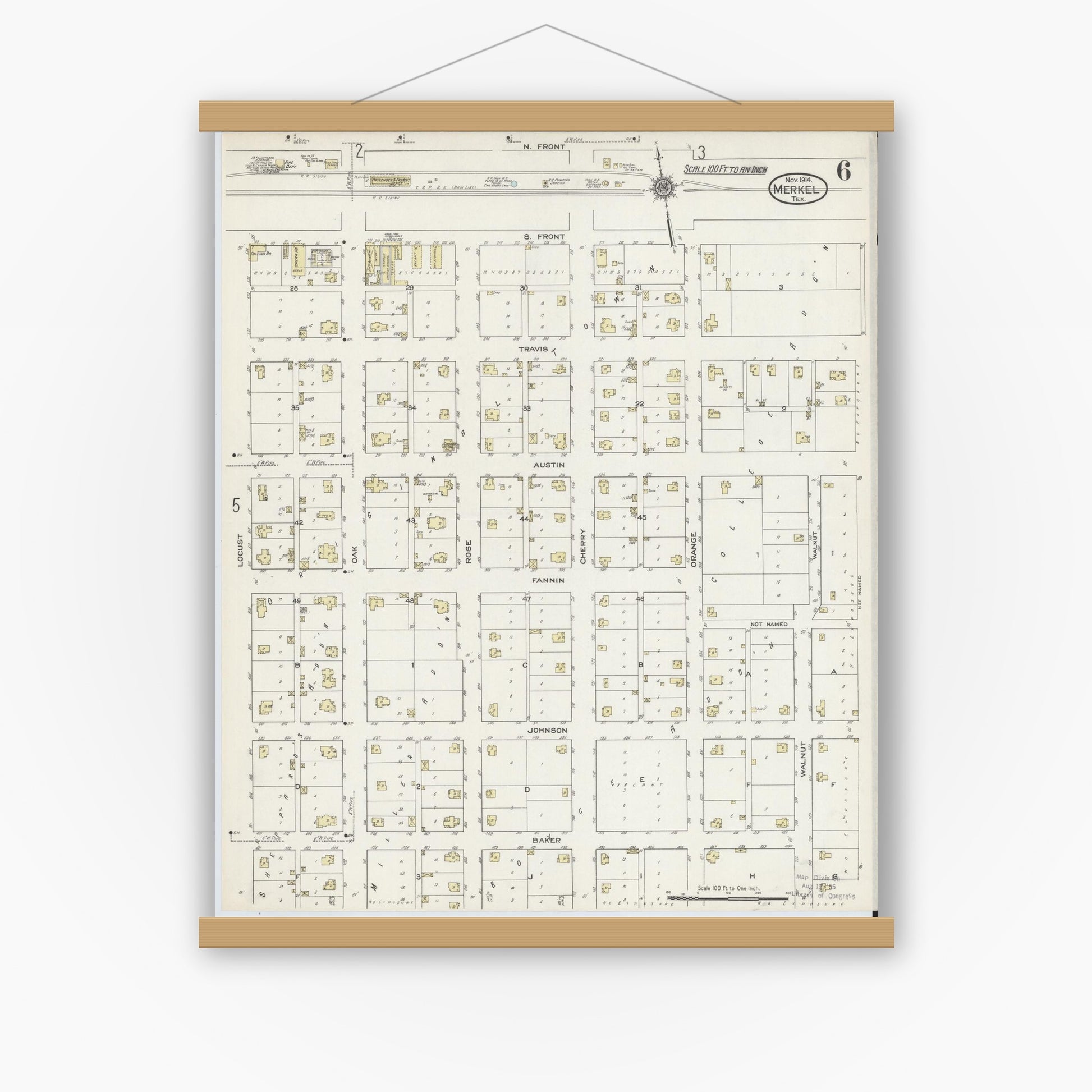 Old map wall art mockup — magnetic wood frame on white wall — Sanborn Fire Insurance Map from Merkel, Taylor County, Texas (1914), Sheet #0006