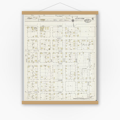 Old map wall art mockup — magnetic wood frame on white wall — Sanborn Fire Insurance Map from Merkel, Taylor County, Texas (1914), Sheet #0006