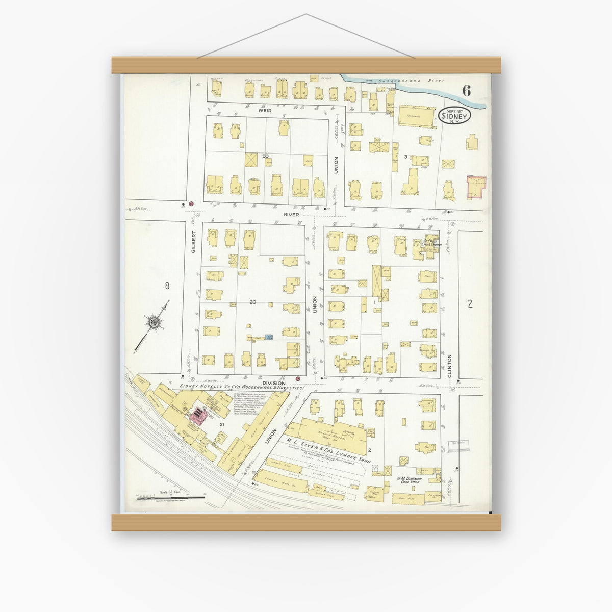 Old map wall art mockup — magnetic wood frame on white wall — Sanborn Fire Insurance Map from Sidney, Delaware County, New York (1917), Sheet #0006