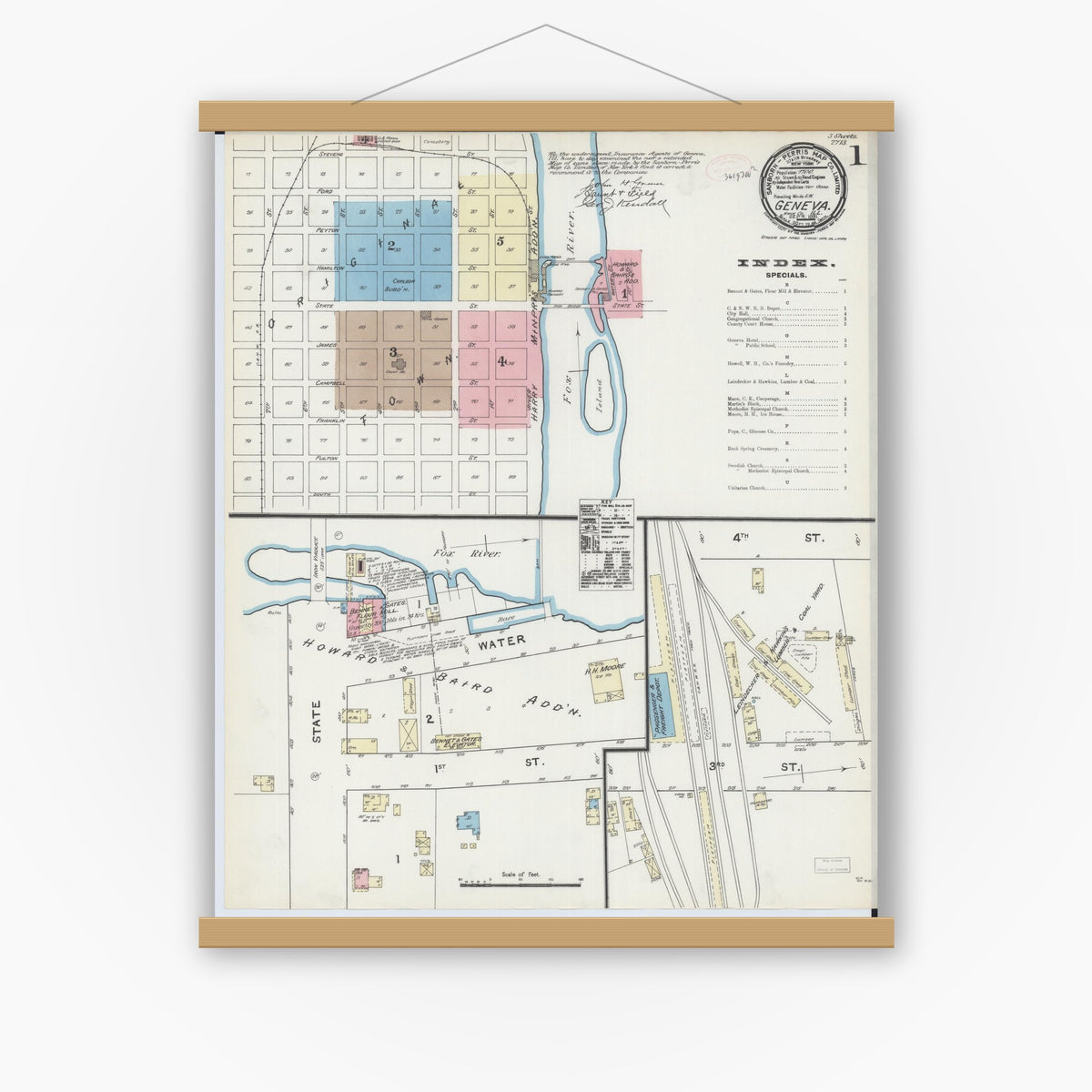 Old map wall art mockup — magnetic wood frame on white wall — Sanborn Fire Insurance Map from Geneva, Kane County, Illinois (1891) - Complete Map Set