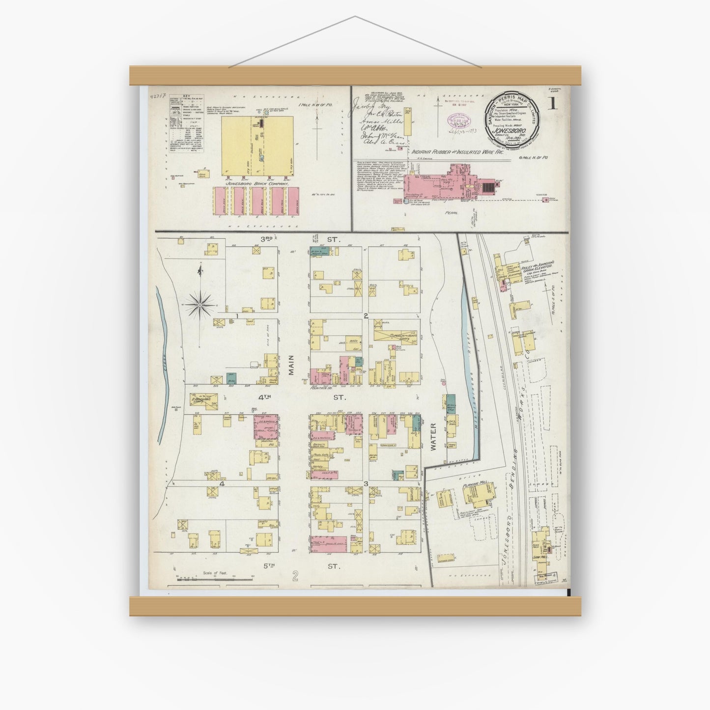 Old map wall art mockup — magnetic wood frame on white wall — Sanborn Fire Insurance Map from Jonesboro, Grant County, Indiana (1893) - Complete Map Set