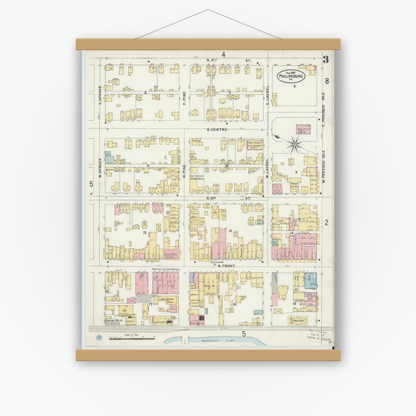 Old map wall art mockup — magnetic wood frame on white wall — Sanborn Fire Insurance Map from Philipsburg, Centre County, Pennsylvania (1897), Sheet #0003
