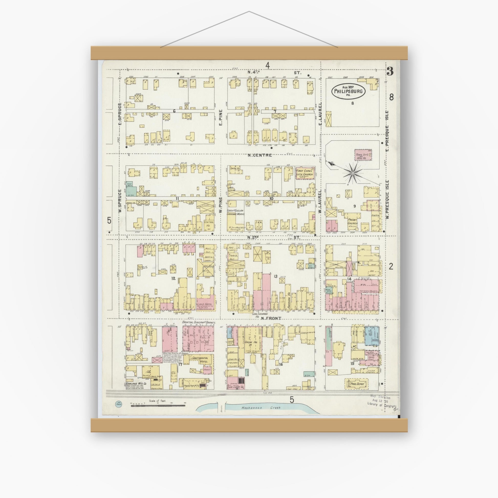 Old map wall art mockup — magnetic wood frame on white wall — Sanborn Fire Insurance Map from Philipsburg, Centre County, Pennsylvania (1897), Sheet #0003