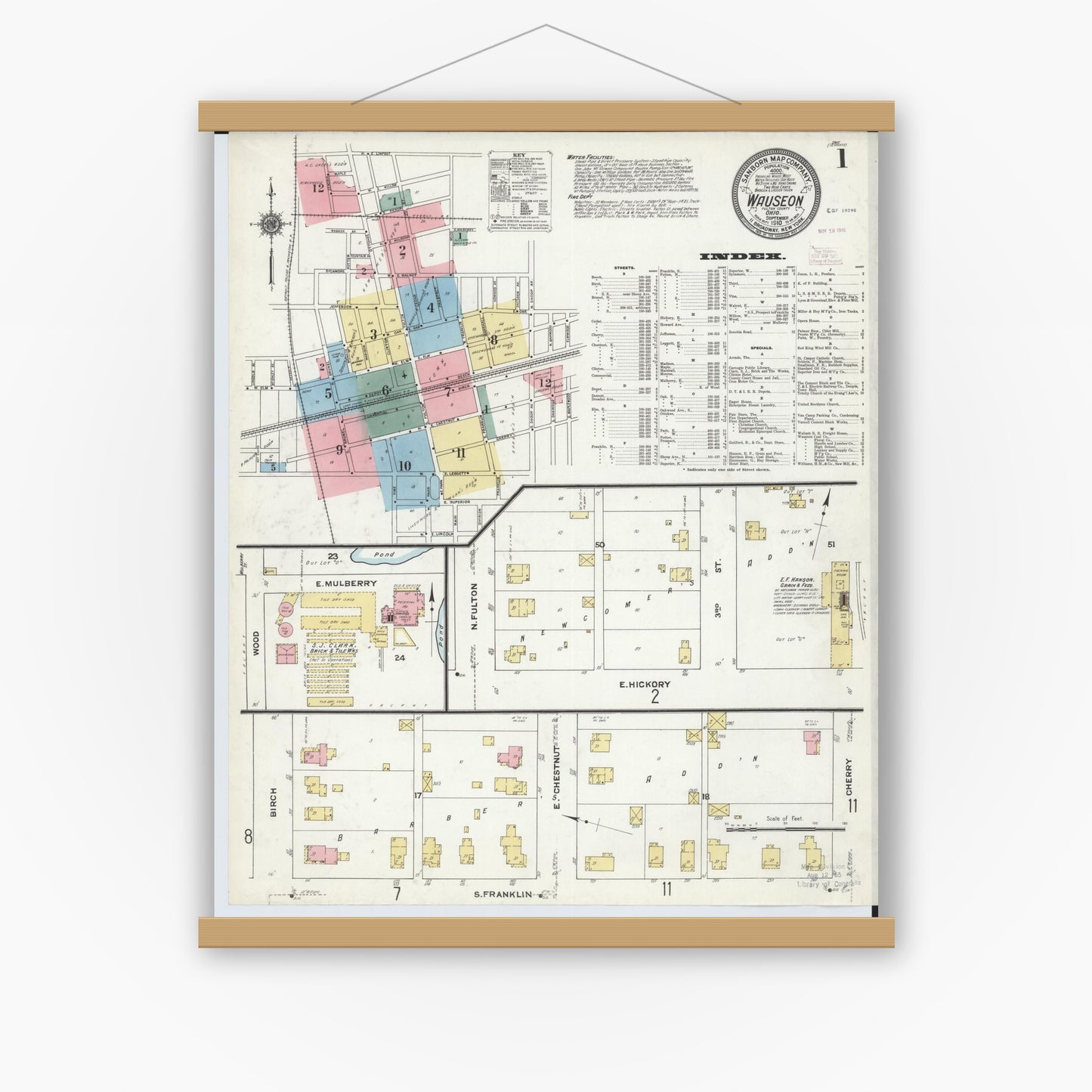 Old map wall art mockup — magnetic wood frame on white wall — Sanborn Fire Insurance Map from Wauseon, Fulton County, Ohio (1910) - Complete Map Set