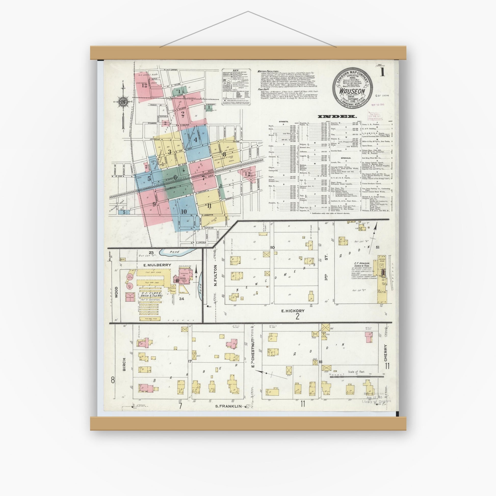 Old map wall art mockup — magnetic wood frame on white wall — Sanborn Fire Insurance Map from Wauseon, Fulton County, Ohio (1910) - Complete Map Set