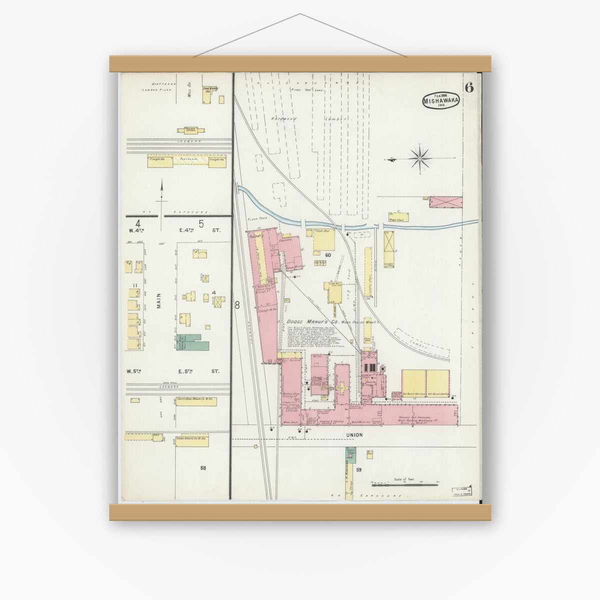 Old map wall art mockup — magnetic wood frame on white wall — Sanborn Fire Insurance Map from Mishawaka, Saint Joseph County, Indiana (1896), Sheet #0006