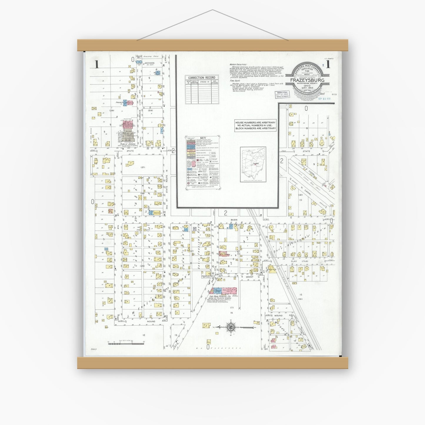 Old map wall art mockup — magnetic wood frame on white wall — Sanborn Fire Insurance Map from Frazeysburg, Muskingum County, Ohio (1950), Sheet #0001