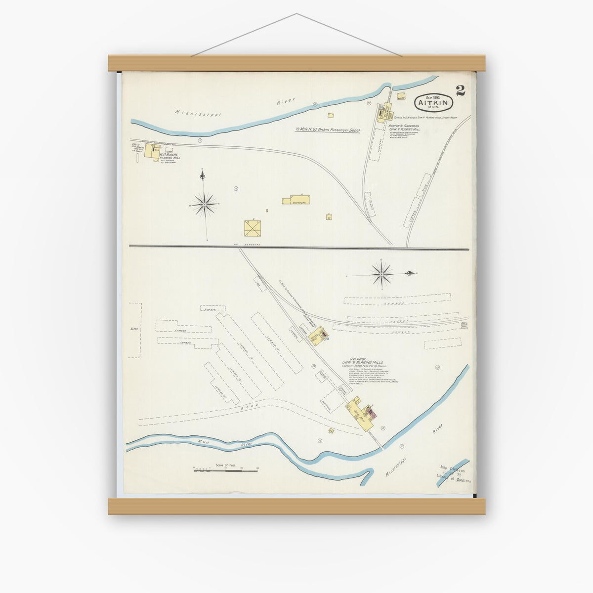 Old map wall art mockup — magnetic wood frame on white wall — Sanborn Fire Insurance Map from Aitkin, Aitkin County, Minnesota (1892), Sheet #0002